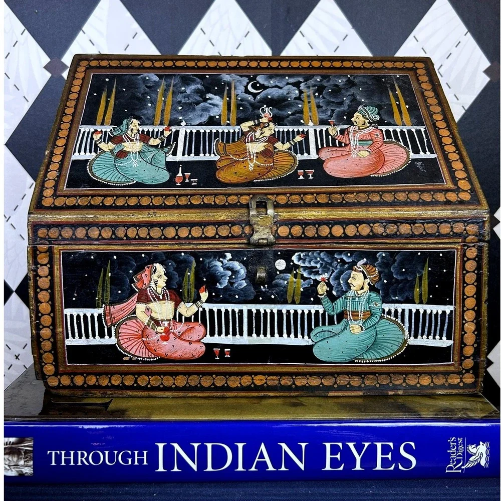 Vintage Indian Hand Painted Nesting Wooden Box Set of 3 Folk Art Storage Chests